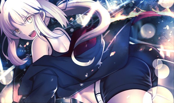 Anime picture 1313x777 with fate (series) fate/grand order fate/stay night artoria pendragon (all) saber saber alter paperfinger single long hair looking at viewer fringe open mouth light erotic blonde hair hair between eyes wide image bare shoulders payot ass ponytail