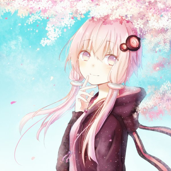Anime picture 800x800 with vocaloid yuzuki yukari yuu mo single long hair fringe twintails looking away pink hair sky pink eyes light smile wind cherry blossoms low twintails finger to mouth blue background spring girl plant (plants)