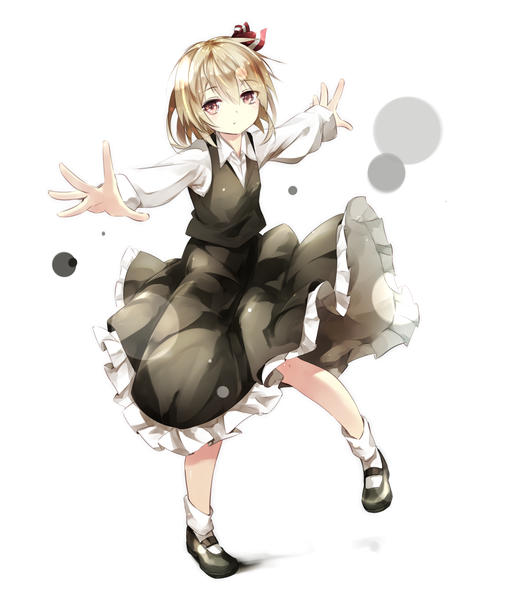 Anime picture 1270x1500 with touhou rumia gorilla (bun0615) single tall image looking at viewer fringe short hair simple background blonde hair hair between eyes red eyes standing white background full body standing on one leg spread arms girl skirt bow