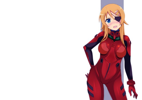 Anime picture 1400x990 with neon genesis evangelion ore no imouto ga konna ni kawaii wake ga nai gainax soryu asuka langley kousaka kirino single long hair blush open mouth blue eyes simple background white background orange hair hand on hip cosplay souryuu asuka langley (cosplay) girl eyepatch pilot suit