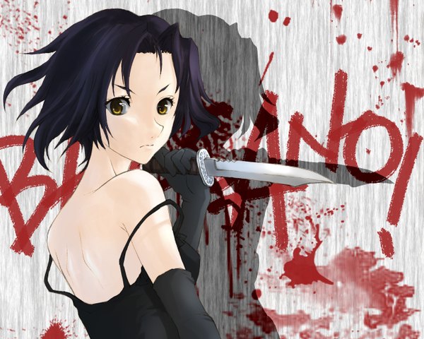 Anime picture 2560x2048 with baccano! chane laforet single highres short hair black hair bare shoulders yellow eyes inscription copyright name strap slip girl dress gloves elbow gloves knife