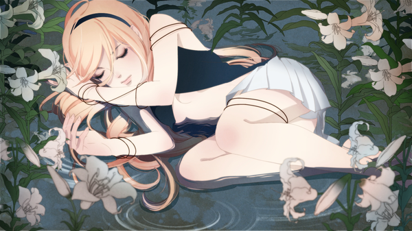 Anime picture 2200x1237 with vocaloid lily (vocaloid) swan (doesu) single long hair blush highres light erotic blonde hair wide image bare shoulders lying eyes closed pleated skirt barefoot sleeping girl skirt flower (flowers) plant (plants)
