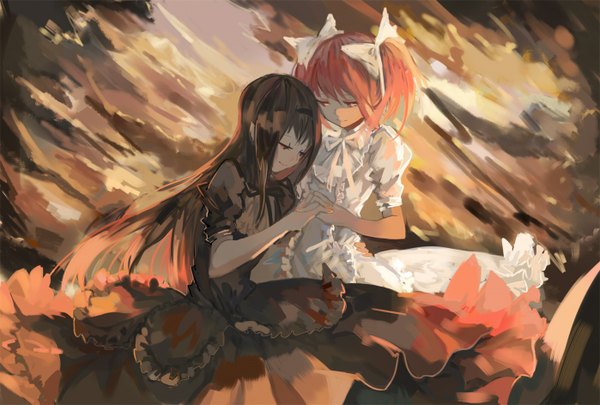 Anime picture 1398x944 with mahou shoujo madoka magica shaft (studio) akemi homura kaname madoka wttwj long hair fringe short hair black hair smile red eyes twintails multiple girls looking away pink hair sky cloud (clouds) puffy sleeves holding hands shoujo ai
