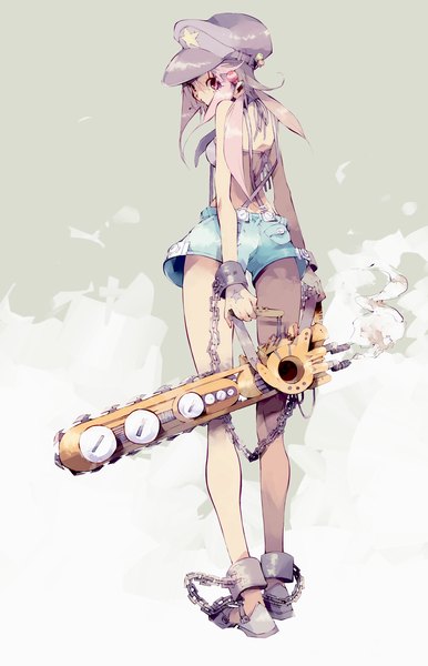 Anime picture 2605x4049 with original uki (artist) single long hair tall image highres simple background blonde hair bare shoulders looking back black eyes tattoo legs smoke face paint girl food shorts sweets short shorts