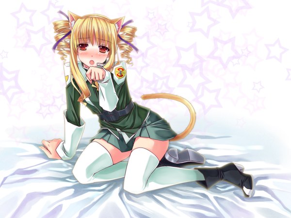 Anime picture 1600x1200 with hika (cross-angel) single long hair blush blonde hair animal ears cat ears cat tail orange eyes kneeling drill hair girl thighhighs white thighhighs