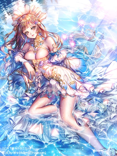 Anime picture 700x933 with tenka touitsu chronicle 'o'ne (ekdlem1) single long hair tall image looking at viewer blush fringe breasts light erotic blonde hair large breasts bare shoulders brown eyes signed bent knee (knees) lying blunt bangs head tilt from above