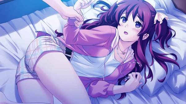 Anime picture 1280x720 with tsubasa o kudasai (game) long hair blush wide image brown eyes game cg red hair lying girl shorts pendant
