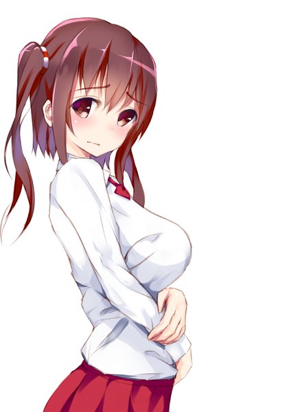 Anime picture 661x935 with himouto! umaru-chan doga kobo ebina nana henet hene single long hair tall image looking at viewer blush fringe breasts simple background brown hair large breasts white background twintails brown eyes embarrassed girl uniform