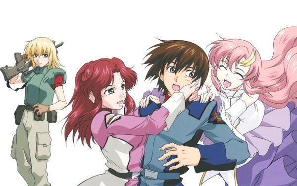 Anime picture 2700x1688 with mobile suit gundam gundam seed sunrise (studio) lacus clyne kira yamato cagalli yula athha flay allster long hair highres short hair open mouth simple background blonde hair smile brown hair wide image white background multiple girls pink hair red hair