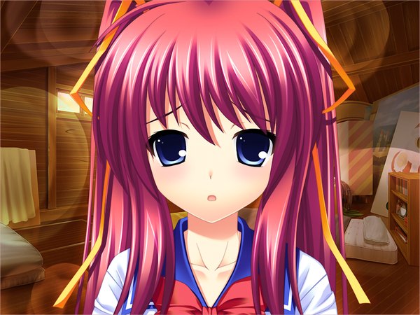 Anime picture 1024x768 with green strawberry long hair blue eyes twintails game cg red hair girl uniform bow ribbon (ribbons) hair ribbon school uniform serafuku