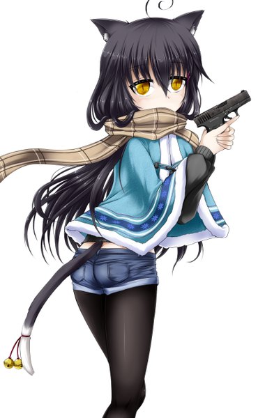 Anime picture 815x1284 with original shimo (depthbomb) single long hair tall image looking at viewer light erotic black hair white background animal ears yellow eyes tail animal tail cat ears cat girl cat tail girl weapon shorts scarf