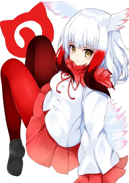 Anime picture 848x1200 with kemono friends crested ibis (kemono friends) hidaka0503 single tall image looking at viewer fringe short hair simple background white background brown eyes yellow eyes full body bent knee (knees) white hair red hair tail long sleeves parted lips pleated skirt