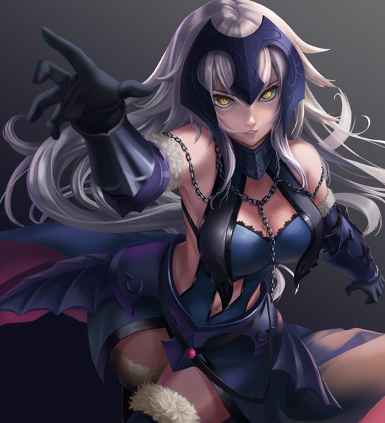 Anime picture 2515x2764 with fate (series) fate/grand order fate/apocrypha jeanne d'arc (fate) (all) jeanne d'arc alter (fate) jeanne d'arc alter (avenger) (third ascension) (fate) naizi single long hair tall image looking at viewer fringe highres breasts simple background yellow eyes cleavage upper body parted lips grey hair