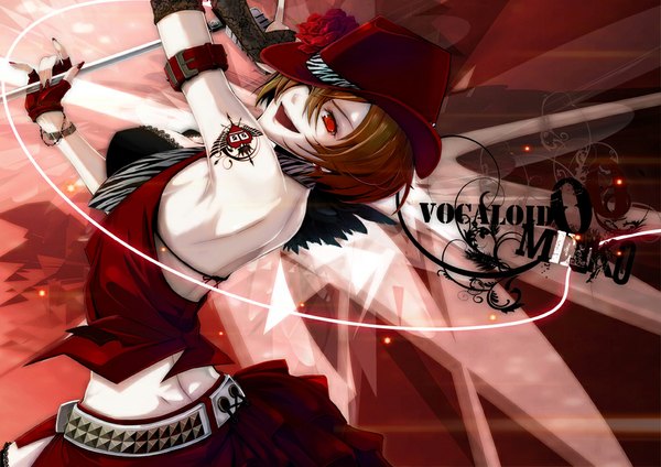 Anime picture 1000x707 with vocaloid meiko komaki (gigu) single short hair open mouth red eyes brown hair looking back tattoo girl skirt gloves hat miniskirt elbow gloves fingerless gloves microphone stand