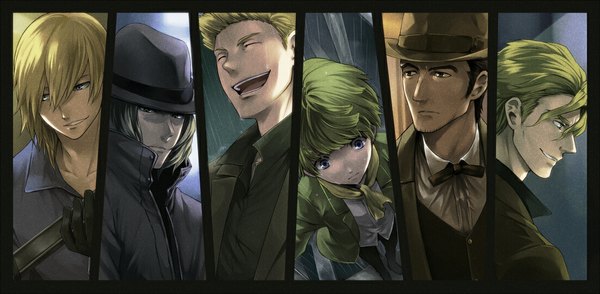 Anime picture 1100x539 with baccano! tagme (character) claire stanfield graham spector czeslaw meyer michikonga short hair black hair blonde hair wide image eyes closed profile green hair grin border group multiview laughing alternate color column lineup