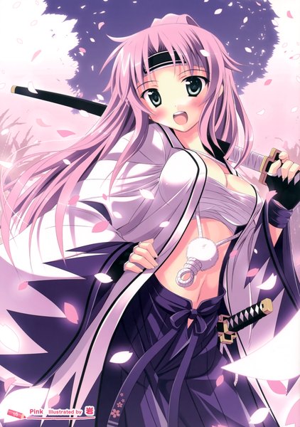 Anime picture 2464x3500 with original iwa (alpaca oukoku) single long hair tall image looking at viewer blush highres open mouth green eyes purple hair traditional clothes girl navel weapon petals sword katana bandage (bandages)
