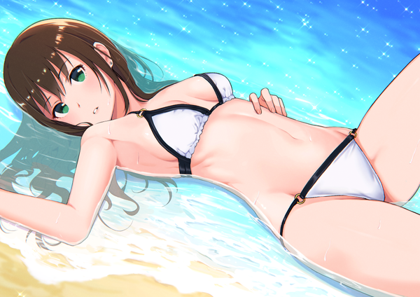 Anime picture 1000x707 with idolmaster idolmaster cinderella girls shibuya rin deca purio single long hair looking at viewer fringe breasts light erotic brown hair green eyes lying parted lips sparkle wet on back dutch angle beach sideboob