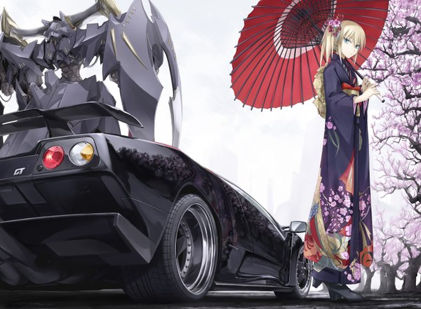 Anime-Bild 1360x1000 mit five star stories original lamborghini tomo (machinemess) single long hair looking at viewer fringe blonde hair standing traditional clothes japanese clothes aqua eyes cherry blossoms floral print side ponytail reflection girl hair ornament plant (plants)