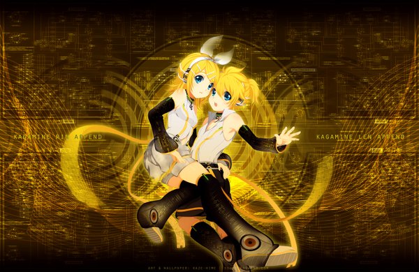 Anime picture 1339x871 with vocaloid vocaloid append kagamine rin kagamine len kagamine rin (append) kagamine len (append) kaze-hime short hair open mouth blue eyes blonde hair couple girl boy bow hair bow detached sleeves headphones