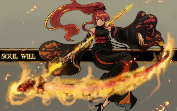 Anime picture 1680x1050 with original akai tori highres wide image green eyes ponytail red hair high heels wallpaper detached sleeves shoes fire