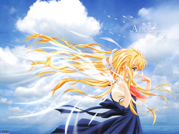 Anime picture 1280x960 with air key (studio) kamio misuzu tagme (artist) single long hair blue eyes blonde hair sky cloud (clouds) profile wind copyright name looking down blue background third-party edit girl uniform ribbon (ribbons) hair ribbon
