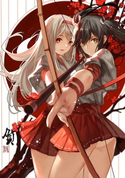 Anime picture 1000x1414 with kantai collection shoukaku aircraft carrier zuikaku aircraft carrier joseph lee long hair tall image looking at viewer open mouth light erotic black hair smile red eyes twintails multiple girls green eyes ass white hair pantyshot happy girl