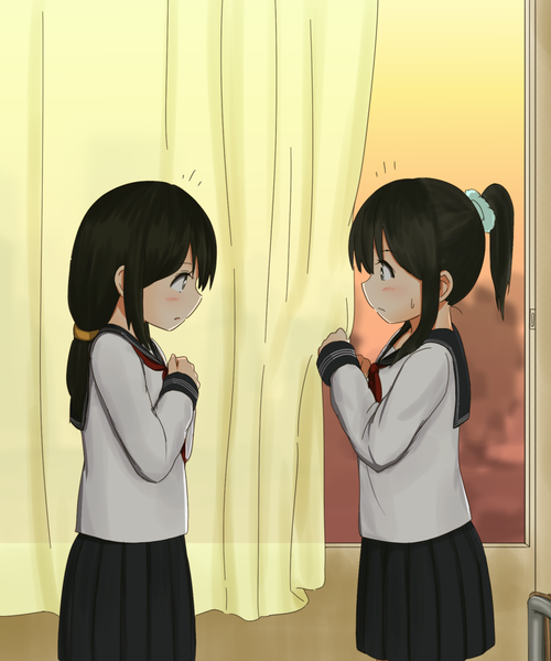 Anime picture 1050x1260 with original minagiku long hair tall image blush fringe breasts black hair standing multiple girls ponytail indoors profile sweat sweatdrop eye contact girl skirt uniform 2 girls