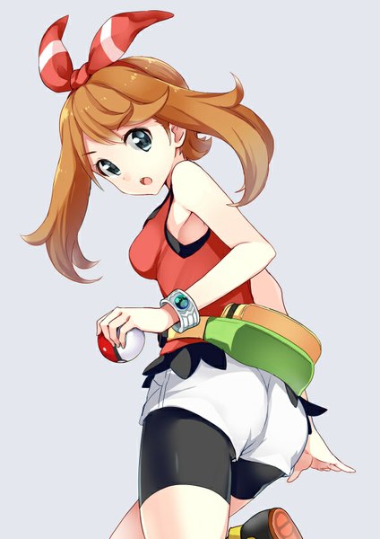 Anime picture 601x850 with pokemon pokemon (game) pokemon oras nintendo may (pokemon) mirai denki single long hair tall image looking at viewer open mouth blue eyes simple background brown hair bare shoulders looking back grey background girl ribbon (ribbons) hair ribbon