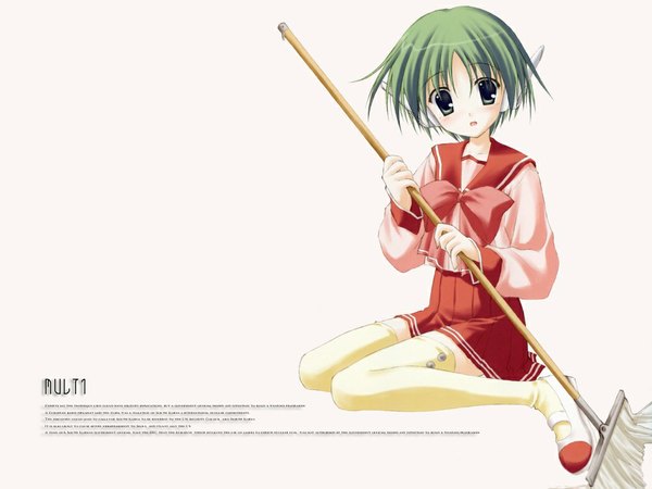 Anime picture 1024x768 with to heart multi nanao naru short hair simple background white background green hair thighhighs uniform school uniform uwabaki mop