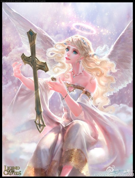 Anime picture 1000x1317 with legend of the cryptids yu-han single long hair tall image blue eyes blonde hair bare shoulders lips angel wings angel girl dress detached sleeves earrings wings choker bracelet halo cross