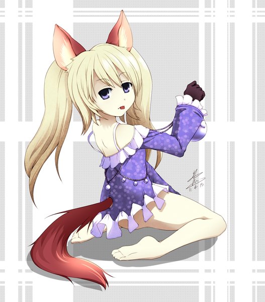Anime picture 1800x2050 with tera online magumarisu single long hair tall image looking at viewer highres blonde hair purple eyes twintails animal ears animal tail girl tongue
