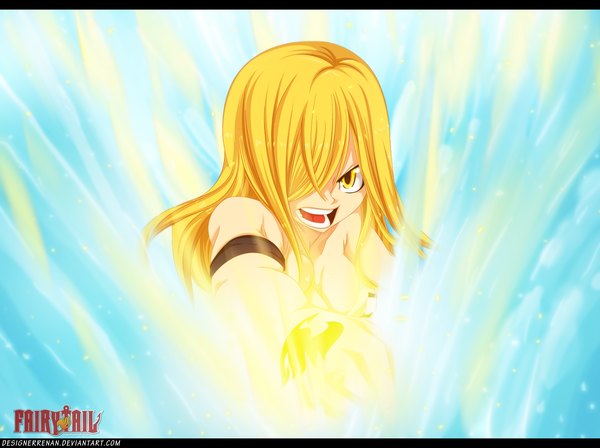 Anime picture 1500x1120 with fairy tail lucy heartfilia designerrenan single long hair fringe open mouth blonde hair bare shoulders yellow eyes hair over one eye inscription tattoo coloring magic light angry girl