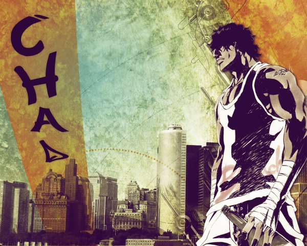 Anime picture 1280x1024 with bleach studio pierrot sado yasutora short hair nail polish tattoo city muscle hair over eyes boy building (buildings) bandage (bandages) bottle