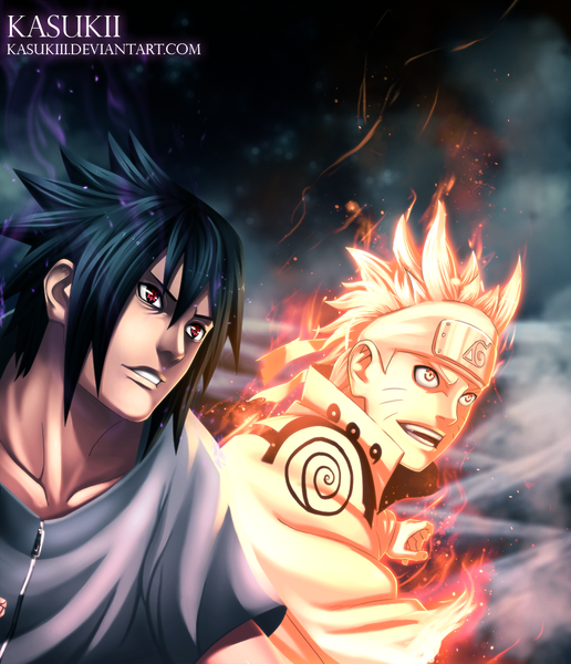 Anime picture 946x1100 with naruto studio pierrot naruto (series) uzumaki naruto uchiha sasuke kasukiii tall image short hair open mouth black hair blonde hair smile red eyes yellow eyes night multiple boys night sky coloring magic facial mark