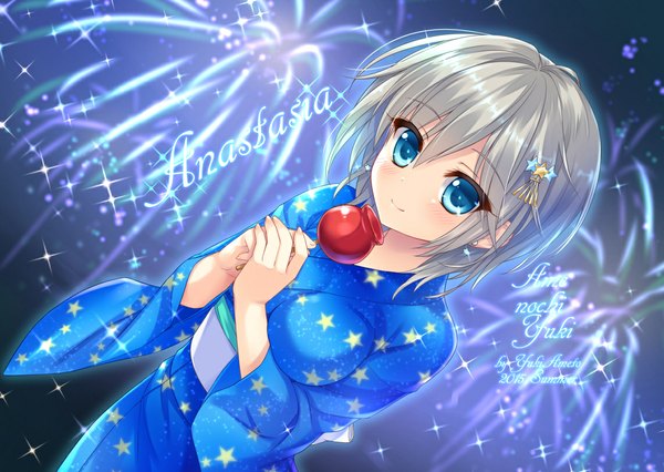 Anime picture 1142x811 with idolmaster idolmaster cinderella girls anastasia (idolmaster) ameto yuki single looking at viewer blush fringe short hair blue eyes silver hair traditional clothes japanese clothes light smile sparkle character names fireworks 2015 girl hair ornament