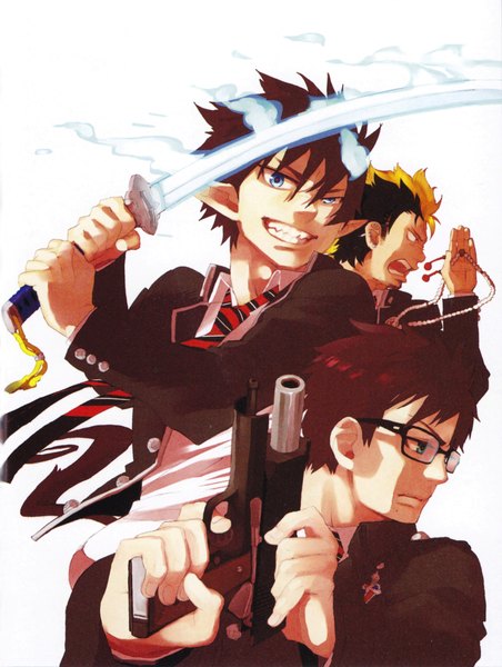 Anime picture 3433x4554 with ao no exorcist a-1 pictures okumura rin okumura yukio suguro ryuuji tall image looking at viewer highres short hair open mouth blue eyes black hair simple background smile white background absurdres pointy ears scan piercing glowing