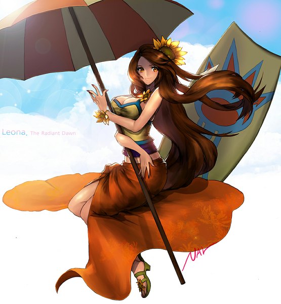 Anime picture 1000x1081 with league of legends leona (league of legends) pool party leona nal (artist) single tall image smile brown hair brown eyes looking away very long hair hair flower girl hair ornament flower (flowers) shield beach umbrella