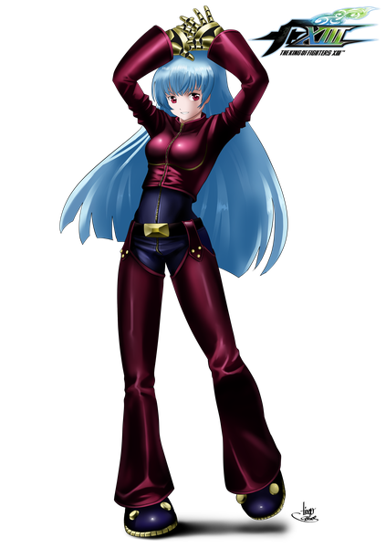 Anime picture 3496x4961 with the king of fighters snk kula diamond odzigner single long hair tall image fringe highres smile red eyes standing signed payot blue hair looking away absurdres full body blunt bangs arms up