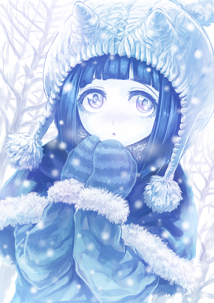 Anime picture 1000x1414 with original guchico single tall image blush fringe short hair looking away horn (horns) fur trim monochrome snowing winter girl plant (plants) tree (trees) fur cap mantle winter clothes