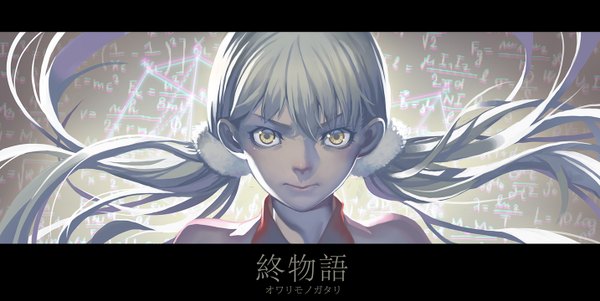Anime picture 1434x720 with owarimonogatari shaft (studio) monogatari (series) oikura sodachi madyy single long hair looking at viewer blonde hair wide image twintails yellow eyes inscription hieroglyph letterboxed anaglyph girl