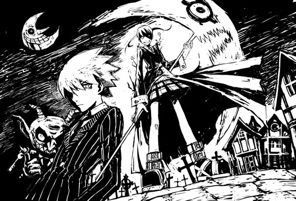 Anime picture 1477x1004 with soul eater studio bones maka albarn soul eater evans long hair short hair twintails horn (horns) teeth monochrome crescent sharp teeth spiked hair girl boy necktie cross suit scythe house