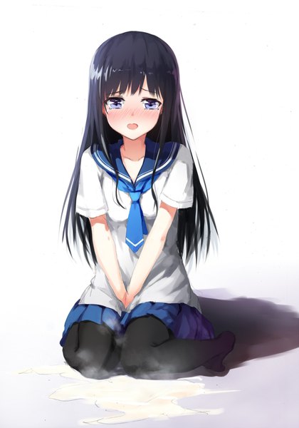 Anime picture 1500x2142 with original hagi (ame hagi) single long hair tall image looking at viewer blush fringe open mouth simple background white background sitting purple eyes purple hair pleated skirt shadow embarrassed no shoes tears kneeling