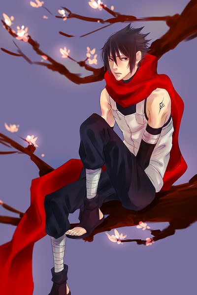 Anime picture 700x1050 with naruto studio pierrot naruto (series) uchiha sasuke single tall image short hair black hair red eyes sitting bare shoulders bent knee (knees) tattoo cherry blossoms purple background boy gloves plant (plants) detached sleeves tree (trees)