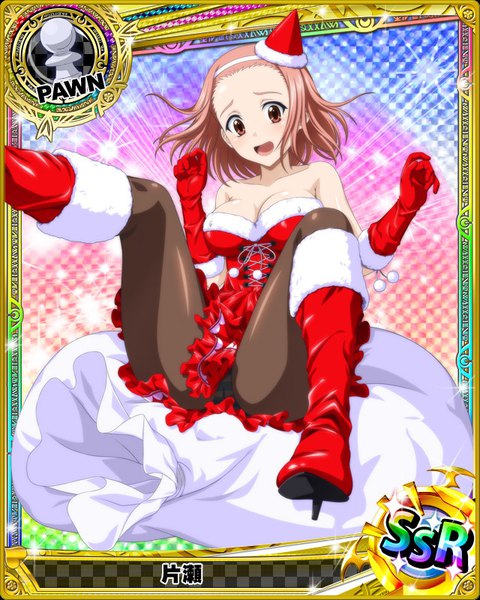 Anime picture 640x800 with highschool dxd katase (high school dxd) single tall image looking at viewer blush short hair breasts open mouth light erotic pink hair pink eyes fur trim christmas card (medium) girl dress gloves hat pantyhose