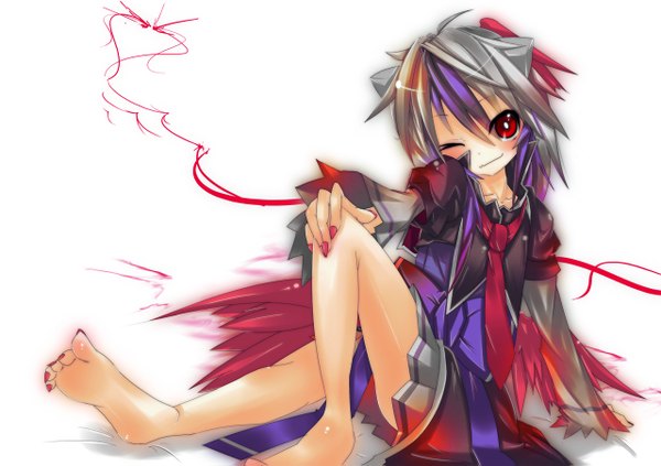 Anime picture 1280x903 with touhou tokiko (touhou) hzl (artist) short hair red eyes nail polish one eye closed barefoot fingernails wink grey hair legs long fingernails red nail polish toenails toenail polish long toenails girl