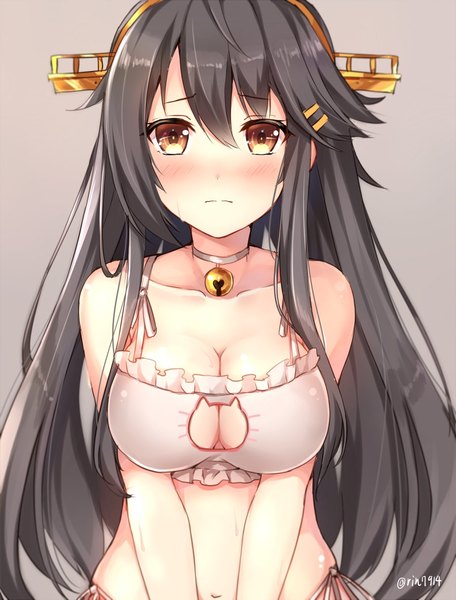 Anime picture 900x1182 with kantai collection haruna battleship rin yuu single long hair tall image looking at viewer blush fringe breasts light erotic black hair simple background hair between eyes large breasts brown eyes signed yellow eyes payot upper body