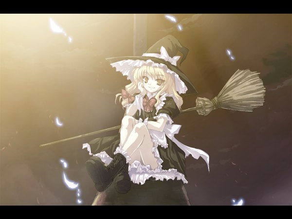 Anime picture 1280x960 with touhou kirisame marisa tokiame night witch broom riding girl boots witch hat broom