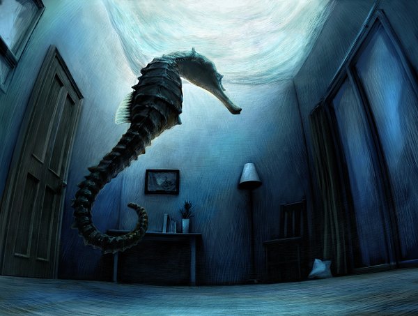 Anime picture 1280x968 with original ka92 (pixiv) table lamp room picture door sea horse