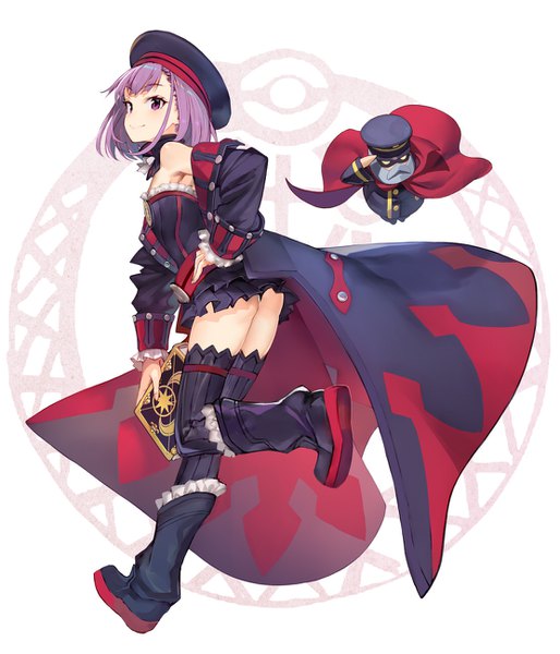 Anime picture 1112x1299 with fate (series) fate/grand order helena blavatsky (fate) colonel olcott (fate/grand order) shirabi tall image looking at viewer blush fringe short hair light erotic simple background smile purple eyes bare shoulders holding purple hair ass off shoulder open clothes