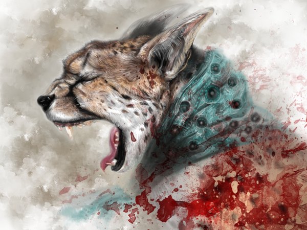 Anime picture 1024x768 with original occult soda open mouth simple background profile pointy ears animal scarf blood cheetah